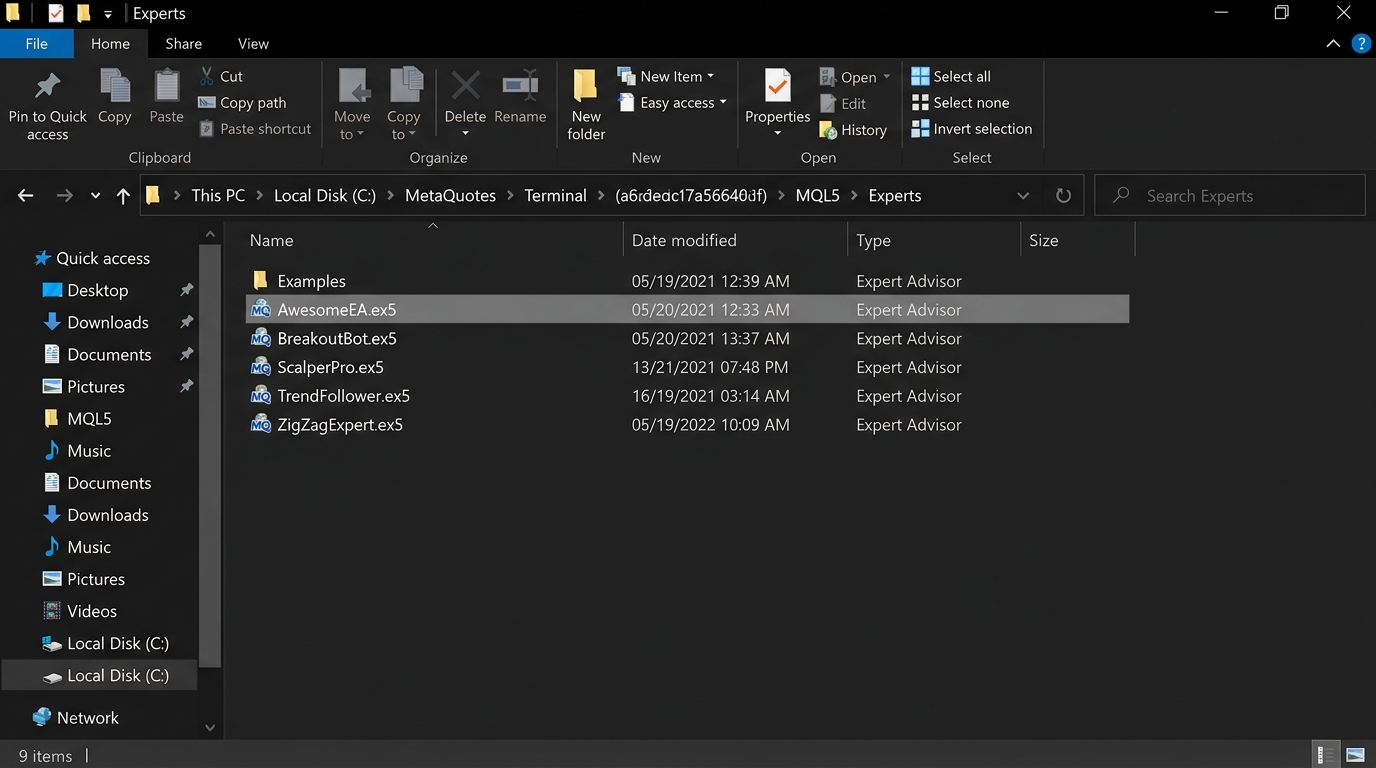 Windows Explorer showing MQL5 Experts folder with EA file