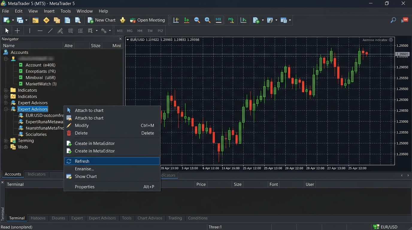 Navigator window showing right-click on Expert Advisors and Refresh