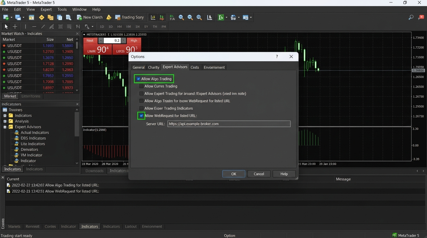 MT5 Options dialog showing Expert Advisors tab with WebRequest checked