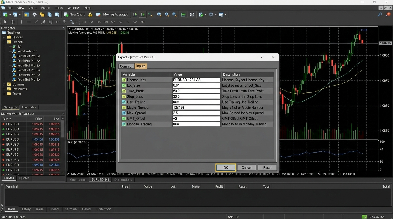 EA Properties dialog showing Inputs tab and parameters