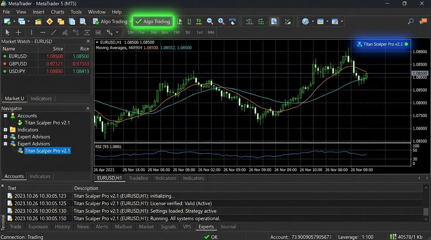 MT5 chart with active EA indicator, green Algo Trading, and successful Experts log